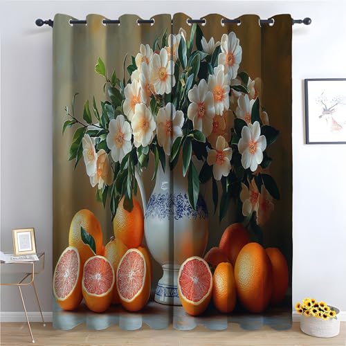 TZKRWRH Blume Vorhänge mit Ösen Vase und Obst Blickdichte Gardinen Blackout Curtain Thermo Vorhang Kinder Mädchen Schlafzimmer Wohnzimmer-H215 x B100 cm (2er Pack) von TZKRWRH