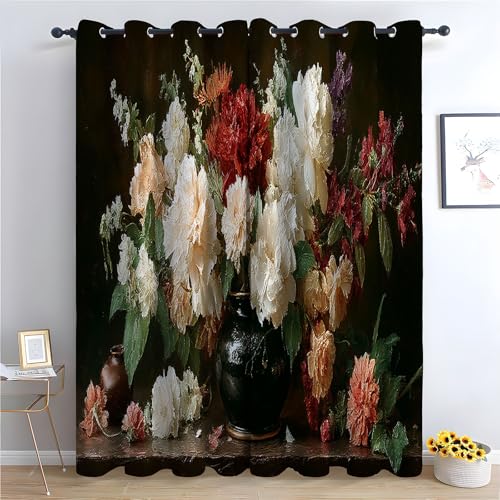 TZKRWRH Blume Vorhänge mit Ösen Vintage-Blumen in der Vase Blickdichte Gardinen Blackout Curtain Thermo Vorhang Kinder Mädchen Schlafzimmer Wohnzimmer-H230 x B130 cm (2er Pack) von TZKRWRH