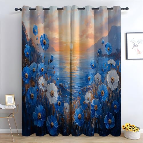 TZKRWRH Blume Vorhänge mit Ösen Wildblumen im Ozean Blickdichte Gardinen Blackout Curtain Thermo Vorhang Kinder Mädchen Schlafzimmer Wohnzimmer-H220 x B132 cm (2er Pack) von TZKRWRH