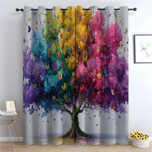 TZKRWRH Böhmische Blumen-Küchenvorhänge Aquarell Baum Boho-Blumenmuster, Bauernhaus, ästhetische Blumenvorhänge für Badezimmer, Schlafzimmer-H160 x B70 cm (2er Pack) von TZKRWRH