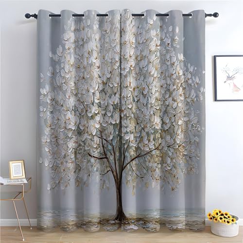 TZKRWRH Böhmische Blumen-Küchenvorhänge Blühender Baum Boho-Blumenmuster, Bauernhaus, ästhetische Blumenvorhänge für Badezimmer, Schlafzimmer-H180 x B100 cm (2er Pack) von TZKRWRH