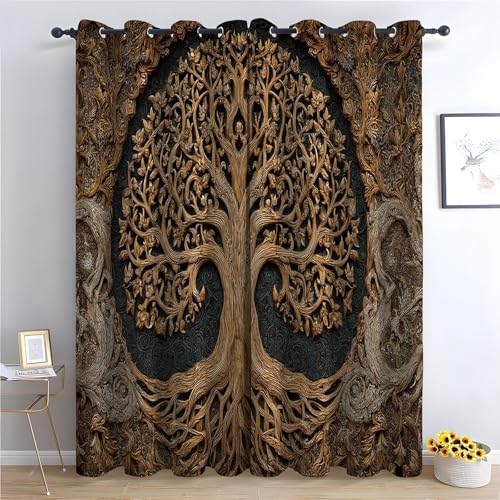 TZKRWRH Böhmische Blumen-Küchenvorhänge Goldener Baum Kunst Boho-Blumenmuster, Bauernhaus, ästhetische Blumenvorhänge für Badezimmer, Schlafzimmer-H240 x B140 cm (2er Pack) von TZKRWRH
