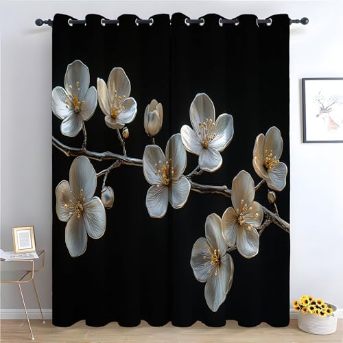TZKRWRH Böhmische Blumen-Küchenvorhänge Weißer Blumenzweig Boho-Blumenmuster, Bauernhaus, ästhetische Blumenvorhänge für Badezimmer, Schlafzimmer-H160 x B70 cm (2er Pack) von TZKRWRH