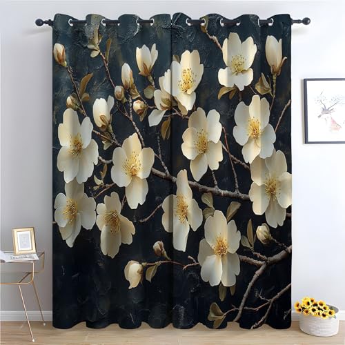 TZKRWRH Böhmische Blumen-Küchenvorhänge Weißer Blumenzweig Boho-Blumenmuster, Bauernhaus, ästhetische Blumenvorhänge für Badezimmer, Schlafzimmer-H230 x B130 cm (2er Pack) von TZKRWRH
