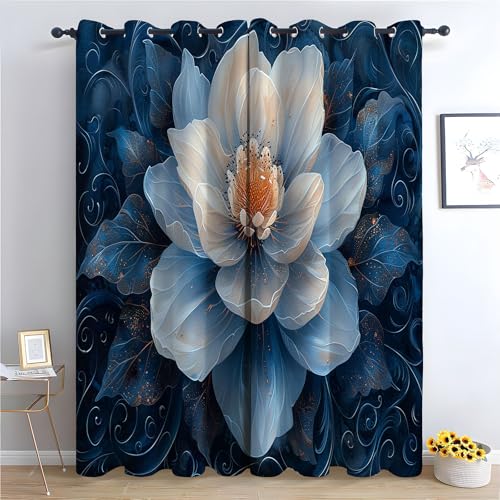 TZKRWRH Gardinen Vorhang kurz Gardine Blumen Blaue Blätter Vorhänge Muster mit Ösen in Schlaufenschal für Wohnzimmer Schlafzimmer Kinderzimmer-H160 x B70 cm (2er Pack) von TZKRWRH