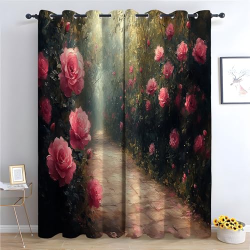 TZKRWRH Gardinen Vorhang kurz Gardine Blumen Blühende Vintage-Blumen Vorhänge Muster mit Ösen in Schlaufenschal für Wohnzimmer Schlafzimmer Kinderzimmer-H220 x B132 cm (2er Pack) von TZKRWRH