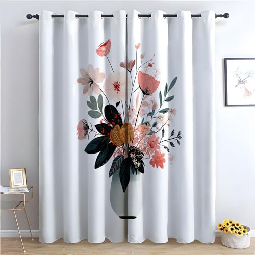TZKRWRH Gardinen Vorhang kurz Gardine Blumen Blumen in der Vase Vorhänge Muster mit Ösen in Schlaufenschal für Wohnzimmer Schlafzimmer Kinderzimmer-H220 x B132 cm (2er Pack) von TZKRWRH