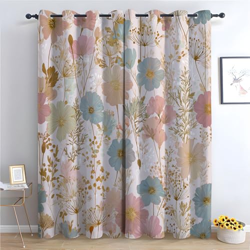 TZKRWRH Gardinen Vorhang kurz Gardine Blumen Blumenmuster Vorhänge Muster mit Ösen in Schlaufenschal für Wohnzimmer Schlafzimmer Kinderzimmer-H270 x B130 cm (2er Pack) von TZKRWRH