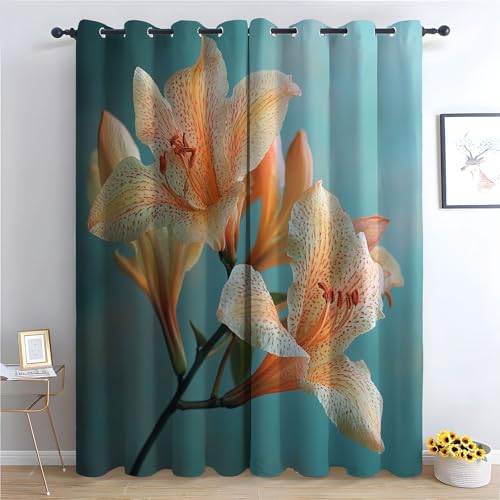 TZKRWRH Gardinen Vorhang kurz Gardine Blumen Gefleckte orangefarbene Blumen Vorhänge Muster mit Ösen in Schlaufenschal für Wohnzimmer Schlafzimmer Kinderzimmer-H140 x B110 cm (2er Pack) von TZKRWRH