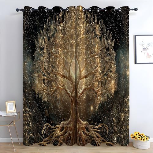 TZKRWRH Gardinen Vorhang kurz Gardine Blumen Goldener Baum Kunst Vorhänge Muster mit Ösen in Schlaufenschal für Wohnzimmer Schlafzimmer Kinderzimmer-H230 x B160 cm (2er Pack) von TZKRWRH