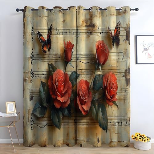 TZKRWRH Gardinen Vorhang kurz Gardine Blumen Musiknoten und Blumen Vorhänge Muster mit Ösen in Schlaufenschal für Wohnzimmer Schlafzimmer Kinderzimmer-H180 x B100 cm (2er Pack) von TZKRWRH