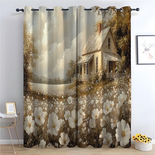 TZKRWRH Gardinen Vorhang kurz Gardine Blumen Natur Blumenlandschaft Vorhänge Muster mit Ösen in Schlaufenschal für Wohnzimmer Schlafzimmer Kinderzimmer-H160 x B70 cm (2er Pack) von TZKRWRH
