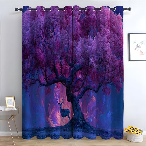 TZKRWRH Gardinen Vorhang kurz Gardine Blumen Rosa Baum abstrakt Vorhänge Muster mit Ösen in Schlaufenschal für Wohnzimmer Schlafzimmer Kinderzimmer-H240 x B140 cm (2er Pack) von TZKRWRH