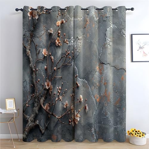 TZKRWRH Gardinen Vorhang kurz Gardine Blumen Rosa Blütenzweig Vorhänge Muster mit Ösen in Schlaufenschal für Wohnzimmer Schlafzimmer Kinderzimmer-H215 x B100 cm (2er Pack) von TZKRWRH