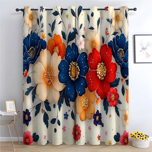 TZKRWRH Gardinen Vorhang kurz Gardine Blumen Rot Blau Blumen Vorhänge Muster mit Ösen in Schlaufenschal für Wohnzimmer Schlafzimmer Kinderzimmer-H220 x B132 cm (2er Pack) von TZKRWRH