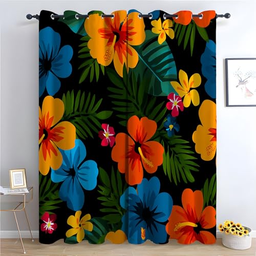 TZKRWRH Gardinen Vorhang kurz Gardine Blumen Tropische Blumen Vorhänge Muster mit Ösen in Schlaufenschal für Wohnzimmer Schlafzimmer Kinderzimmer-H160 x B100 cm (2er Pack) von TZKRWRH