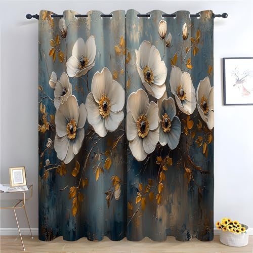TZKRWRH Gardinen Vorhang kurz Gardine Blumen Weiße Blume Vintage Vorhänge Muster mit Ösen in Schlaufenschal für Wohnzimmer Schlafzimmer Kinderzimmer-H270 x B130 cm (2er Pack) von TZKRWRH