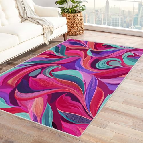 TZKRWRH Home Moderner Kuscheliger Wohnzimmer Abstrakter farbenfroher Stil Anti Rutsch Unterseite Waschbar Soft für Schlafzimmer Küche Flur Esszimmer(Lila 11)-150x180cm von TZKRWRH