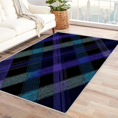 TZKRWRH Home Moderner Kuscheliger Wohnzimmer Blaues Karomuster Anti Rutsch Unterseite Waschbar Soft für Schlafzimmer Küche Flur Esszimmer(Lila 16)-150x180cm von TZKRWRH
