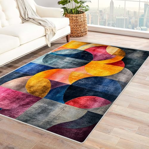 TZKRWRH Home Moderner Kuscheliger Wohnzimmer Buntes Kreismuster Anti Rutsch Unterseite Waschbar Soft für Schlafzimmer Küche Flur Esszimmer(orange 46)-90x120cm von TZKRWRH