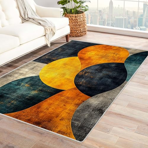 TZKRWRH Home Moderner Kuscheliger Wohnzimmer Buntes kreisförmiges Muster Anti Rutsch Unterseite Waschbar Soft für Schlafzimmer Küche Flur Esszimmer(gelb 101)-180x240cm von TZKRWRH