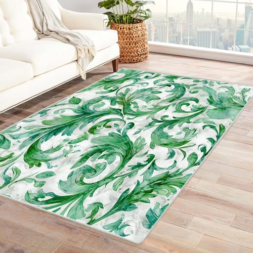 TZKRWRH Home Moderner Kuscheliger Wohnzimmer Grünes Pflanzendesign Anti Rutsch Unterseite Waschbar Soft für Schlafzimmer Küche Flur Esszimmer(grün 51)-90x120cm von TZKRWRH