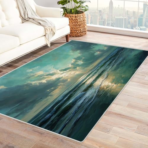 TZKRWRH Home Moderner Kuscheliger Wohnzimmer Meereslandschaft Anti Rutsch Unterseite Waschbar Soft für Schlafzimmer Küche Flur Esszimmer(grün 26)-60x90cm von TZKRWRH