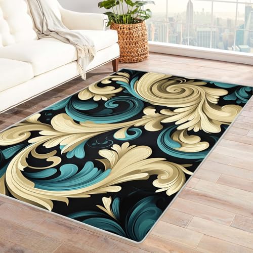 TZKRWRH Home Moderner Kuscheliger Wohnzimmer Retro-Muster Anti Rutsch Unterseite Waschbar Soft für Schlafzimmer Küche Flur Esszimmer(blau 71)-120x150cm von TZKRWRH