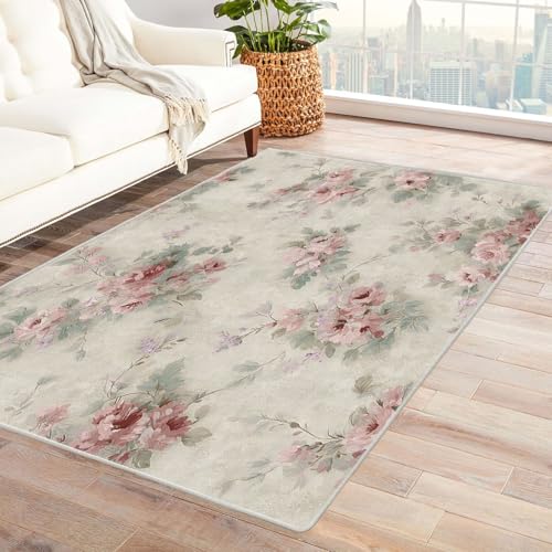 TZKRWRH Home Moderner Kuscheliger Wohnzimmer Rosa Blumenmuster Anti Rutsch Unterseite Waschbar Soft für Schlafzimmer Küche Flur Esszimmer(rosa 126)-90x150cm von TZKRWRH