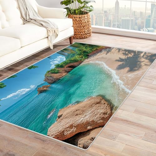 TZKRWRH Home Moderner Kuscheliger Wohnzimmer Tropische Strandszene Anti Rutsch Unterseite Waschbar Soft für Schlafzimmer Küche Flur Esszimmer(grün 21)-60x90cm von TZKRWRH