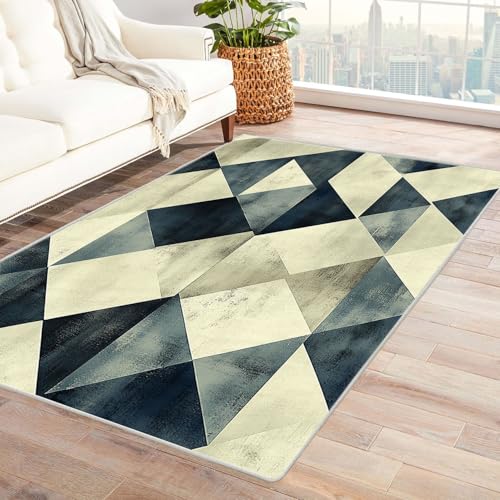TZKRWRH Moderner Kuscheliger Wohnzimmer Blaues Karomuster Teppich Kurzflor Anti-Rutsch Rückseite Einfarbiges Waschbar Wohnzimmer Cafeteria(blau 25)-90x120cm von TZKRWRH