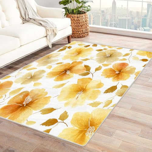 TZKRWRH Moderner Kuscheliger Wohnzimmer Goldenes Blumenmuster Teppich Kurzflor Anti-Rutsch Rückseite Einfarbiges Waschbar Wohnzimmer Cafeteria(gelb 25)-120x180cm von TZKRWRH