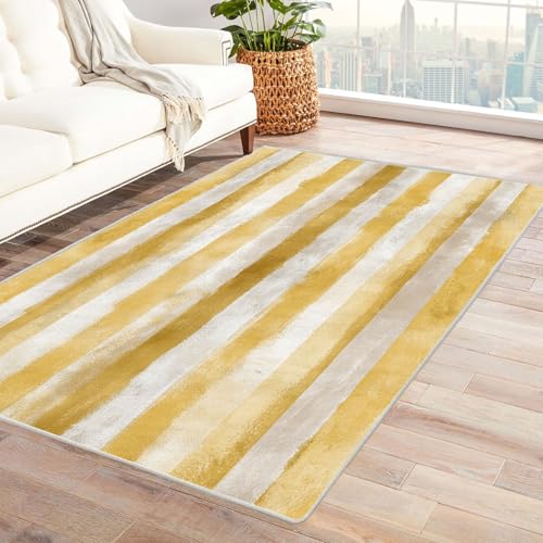 TZKRWRH Moderner Kuscheliger Wohnzimmer Goldenes Streifenmuster Teppich Kurzflor Anti-Rutsch Rückseite Einfarbiges Waschbar Wohnzimmer Cafeteria(gelb 10)-150x210cm von TZKRWRH