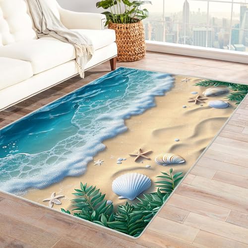 TZKRWRH Moderner Kuscheliger Wohnzimmer Strandszene Teppich Kurzflor Anti-Rutsch Rückseite Einfarbiges Waschbar Wohnzimmer Cafeteria(blau 10)-60x90cm von TZKRWRH