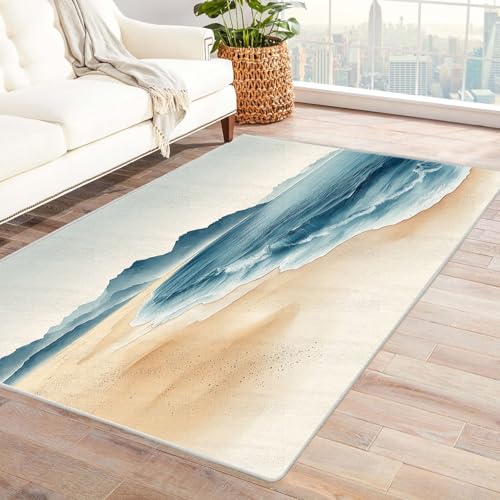 TZKRWRH Moderner Kuscheliger Wohnzimmer Tinte Strandlandschaft Teppich Kurzflor Anti-Rutsch Rückseite Einfarbiges Waschbar Wohnzimmer Cafeteria(blau 15)-90x120cm von TZKRWRH