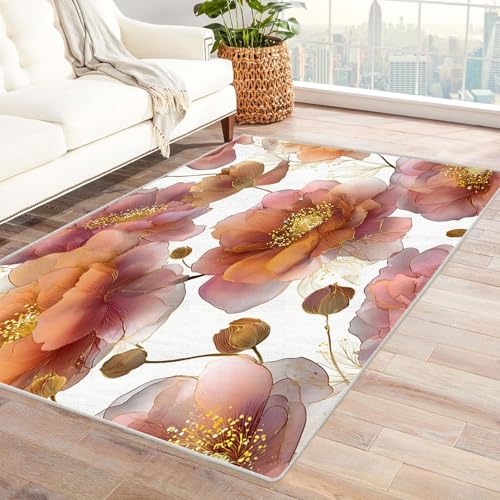 TZKRWRH Relax kuscheliger Kurzflor Teppich Rosa Blumenmuster Wohnzimmerteppich traditioneller Vintage-Stil maschinenwaschbar rutschfest(orange 108)-120x150cm von TZKRWRH