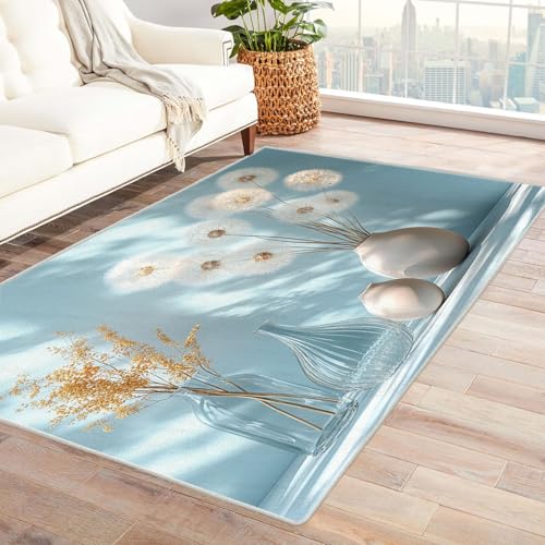 TZKRWRH Relax kuscheliger Kurzflor Teppich Weiße Blumen in der Vase Wohnzimmerteppich traditioneller Vintage-Stil maschinenwaschbar rutschfest(blau 73)-120x150cm von TZKRWRH