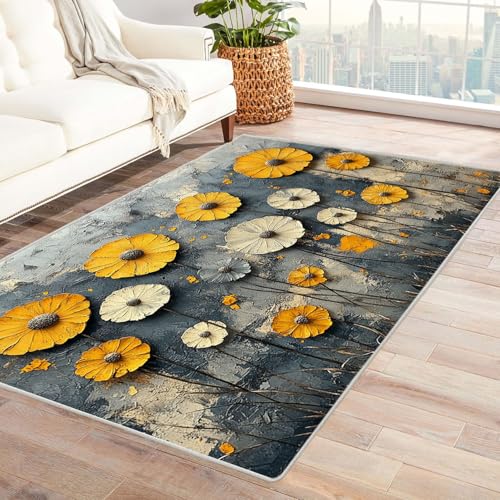 TZKRWRH Relax kuscheliger Kurzflor Teppich vintege Blumig Wohnzimmerteppich traditioneller Vintage-Stil maschinenwaschbar rutschfest(gelb 43)-210x300cm von TZKRWRH