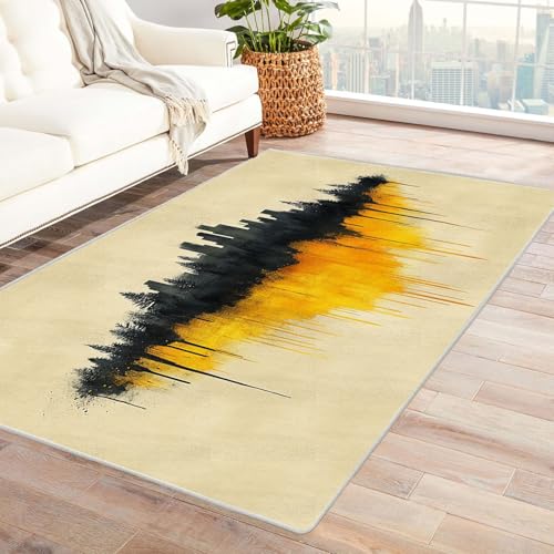 TZKRWRH Rutschfester Teppich Abstraktes Stadtbild Vintage Muster Boho Kurzflor waschbar flauschig Weich Einfarbig pflegeleicht Wohnzimmer(gelb 87)-150x210cm von TZKRWRH
