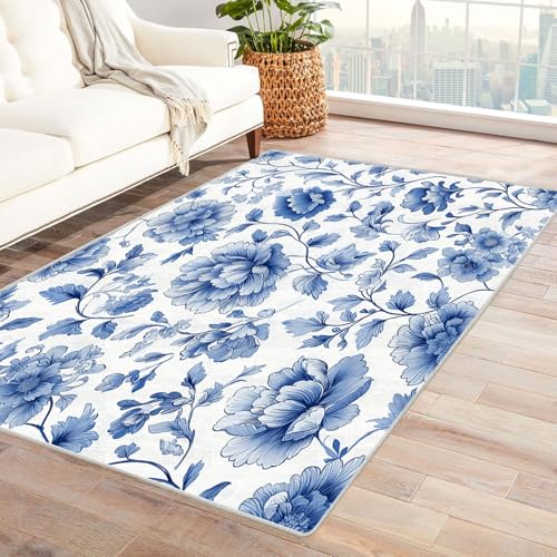 TZKRWRH Rutschfester Teppich Blaue Blumen Vintage Muster Boho Kurzflor waschbar flauschig Weich Einfarbig pflegeleicht Wohnzimmer(blau 2)-120x150cm von TZKRWRH