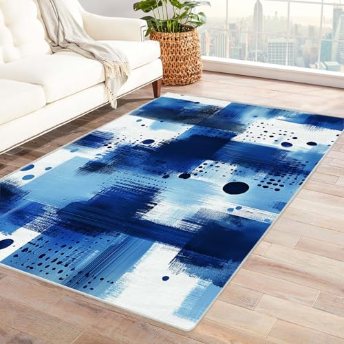 TZKRWRH Rutschfester Teppich Blaues Tuschemuster Vintage Muster Boho Kurzflor waschbar flauschig Weich Einfarbig pflegeleicht Wohnzimmer(blau 47)-120x180cm von TZKRWRH