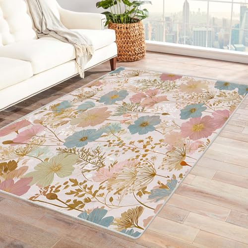 TZKRWRH Rutschfester Teppich Blumenmuster Vintage Muster Boho Kurzflor waschbar flauschig Weich Einfarbig pflegeleicht Wohnzimmer(rosa 7)-90x150cm von TZKRWRH