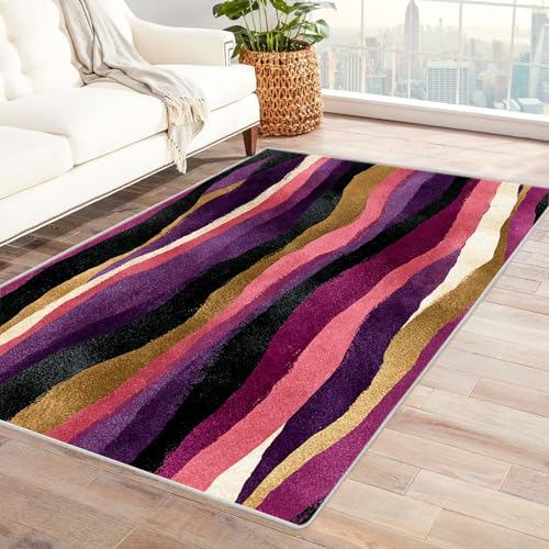 TZKRWRH Rutschfester Teppich Bunt gestreifte Textur Vintage Muster Boho Kurzflor waschbar flauschig Weich Einfarbig pflegeleicht Wohnzimmer(Lila 47)-60x90cm von TZKRWRH