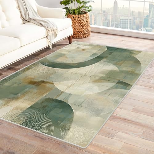 TZKRWRH Rutschfester Teppich Grünes kreisförmiges Muster Vintage Muster Boho Kurzflor waschbar flauschig Weich Einfarbig pflegeleicht Wohnzimmer(grün 122)-90x120cm von TZKRWRH