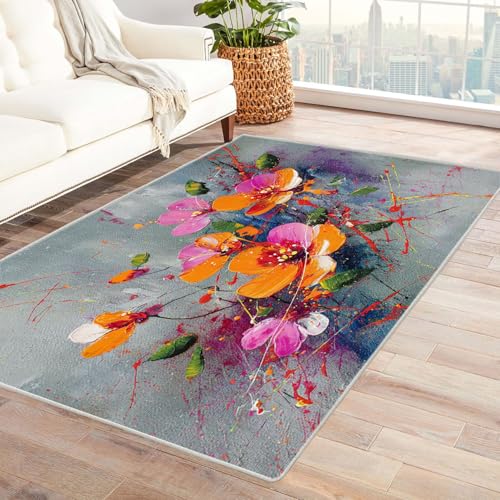 TZKRWRH Rutschfester Teppich Retro-Blumenmuster Vintage Muster Boho Kurzflor waschbar flauschig Weich Einfarbig pflegeleicht Wohnzimmer(rosa 112)-60x90cm von TZKRWRH