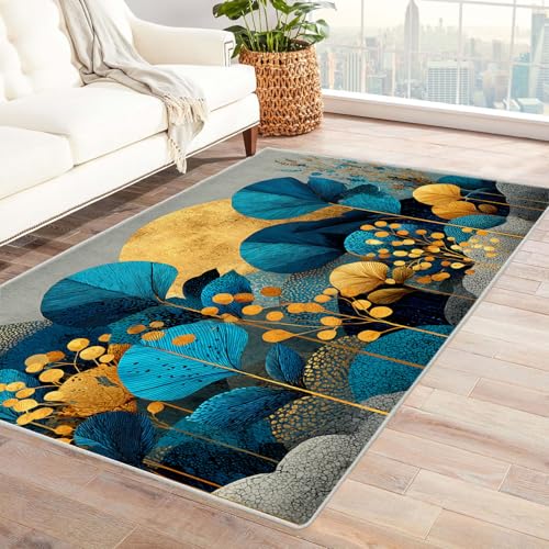 TZKRWRH Rutschfester Teppich Stil der Blaugoldpflanzen Vintage Muster Boho Kurzflor waschbar flauschig Weich Einfarbig pflegeleicht Wohnzimmer(blau 17)-60x90cm von TZKRWRH