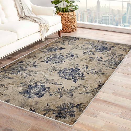 TZKRWRH Rutschfester Teppich Vintage Blaue Blume Vintage Muster Boho Kurzflor waschbar flauschig Weich Einfarbig pflegeleicht Wohnzimmer(braun 37)-60x90cm von TZKRWRH