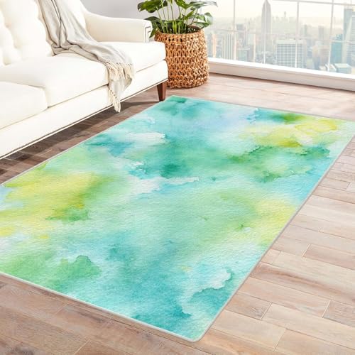 TZKRWRH Rutschfester Teppich Weiche Aquarellstruktur Vintage Muster Boho Kurzflor waschbar flauschig Weich Einfarbig pflegeleicht Wohnzimmer(grün 27)-60x90cm von TZKRWRH