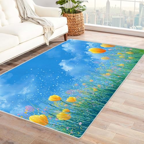 TZKRWRH Rutschfester Teppich natürlicher Landschaftsdruck Vintage Muster Boho Kurzflor waschbar flauschig Weich Einfarbig pflegeleicht Wohnzimmer(blau 32)-60x90cm von TZKRWRH