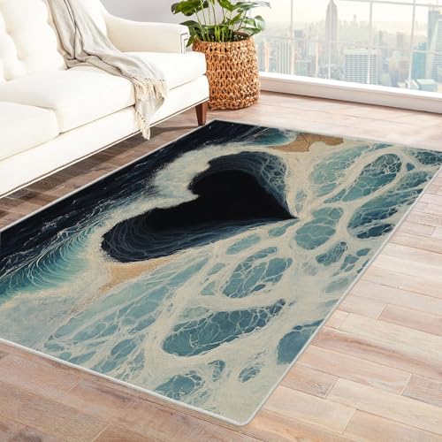 TZKRWRH Teppich Einfarbig Waschbar Abstrakte Liebe Herz Form Wellen Zeitgenössischer Moderner Abstrakter Bohemian pflegeleicht Küche Wohnzimmer Schlafzimmer(weiß)-150x240cm von TZKRWRH
